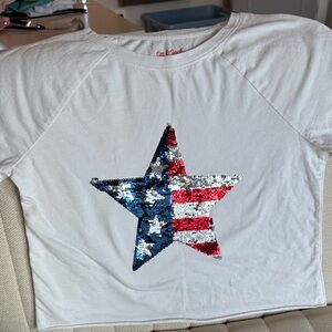Sequin Star Design White Tee 4th of July American Flag Patriotic